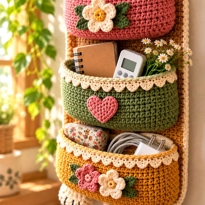 Crochet Cat Wall Organizer Pattern PDF – 3 Pocket Hanging Storage
