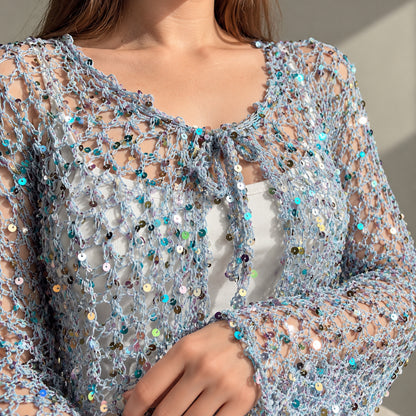 Angel Cardigan Crochet Pattern PDF – Made-to-Measure Sequin Mesh Tie Front