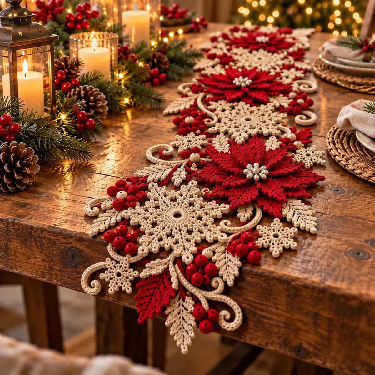 Poinsettia Snowflake Table Runner Crochet Pattern PDF – Christmas Table Decor