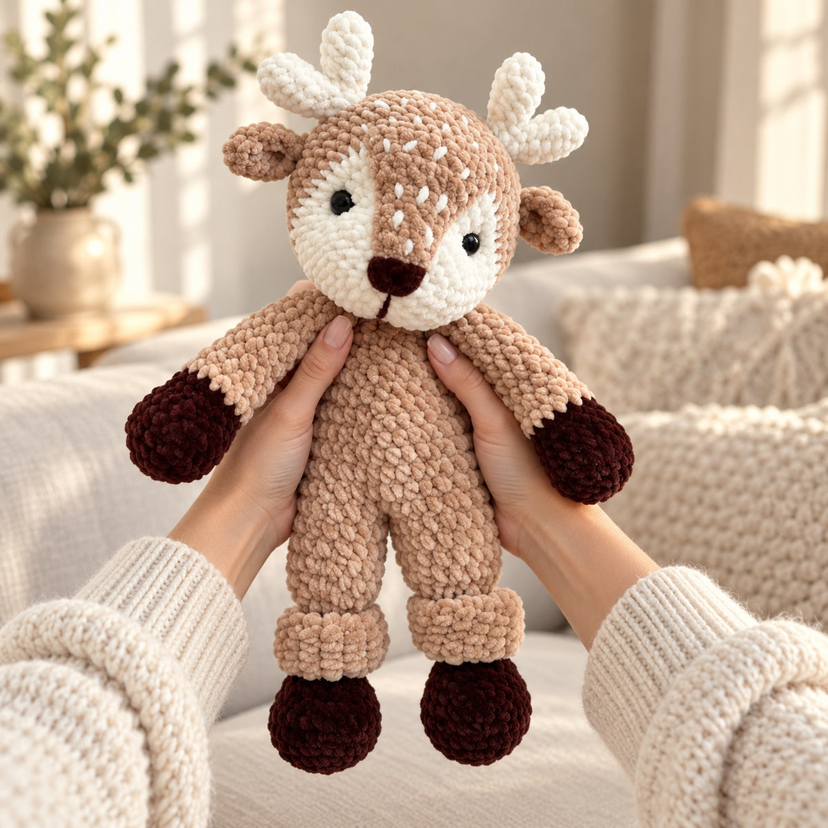Reindeer Crochet Pattern PDF – Plush Low-Sew Amigurumi Deer Toy
