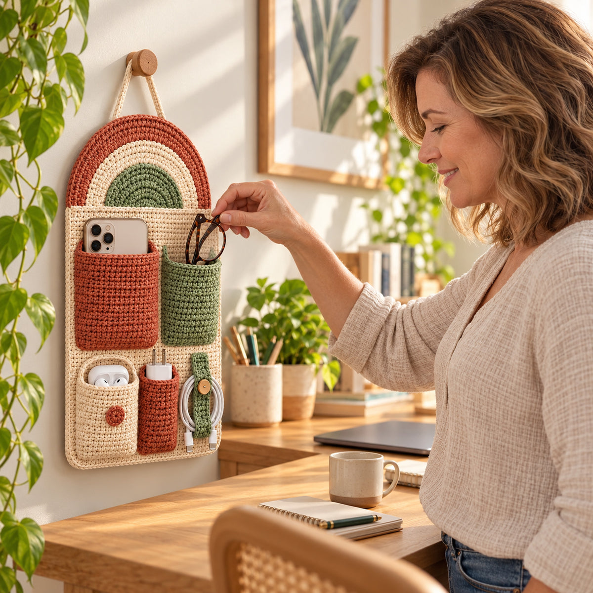 Crochet Wall Organizer Pattern PDF – 5 Pocket Bedside Storage