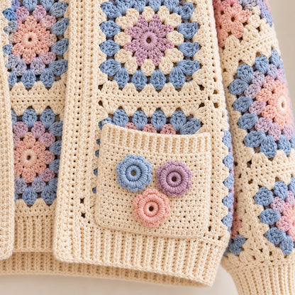 Floral Granny Square Cardigan Crochet Pattern PDF – Boho Pocket Sweater