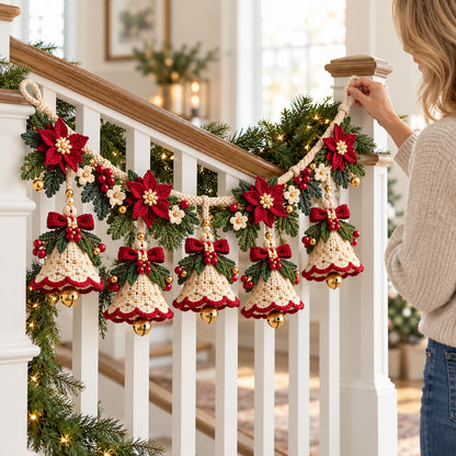 Christmas Bell Garland Crochet Pattern PDF – Poinsettia Holiday Decor