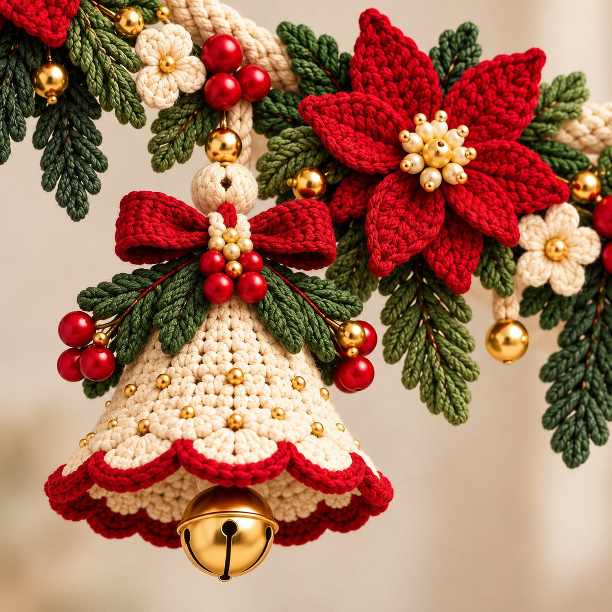 Christmas Bell Garland Crochet Pattern PDF – Poinsettia Holiday Decor