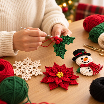 Christmas Table Runner Crochet Pattern PDF – Snowman, Poinsettia & Snowflake Decor