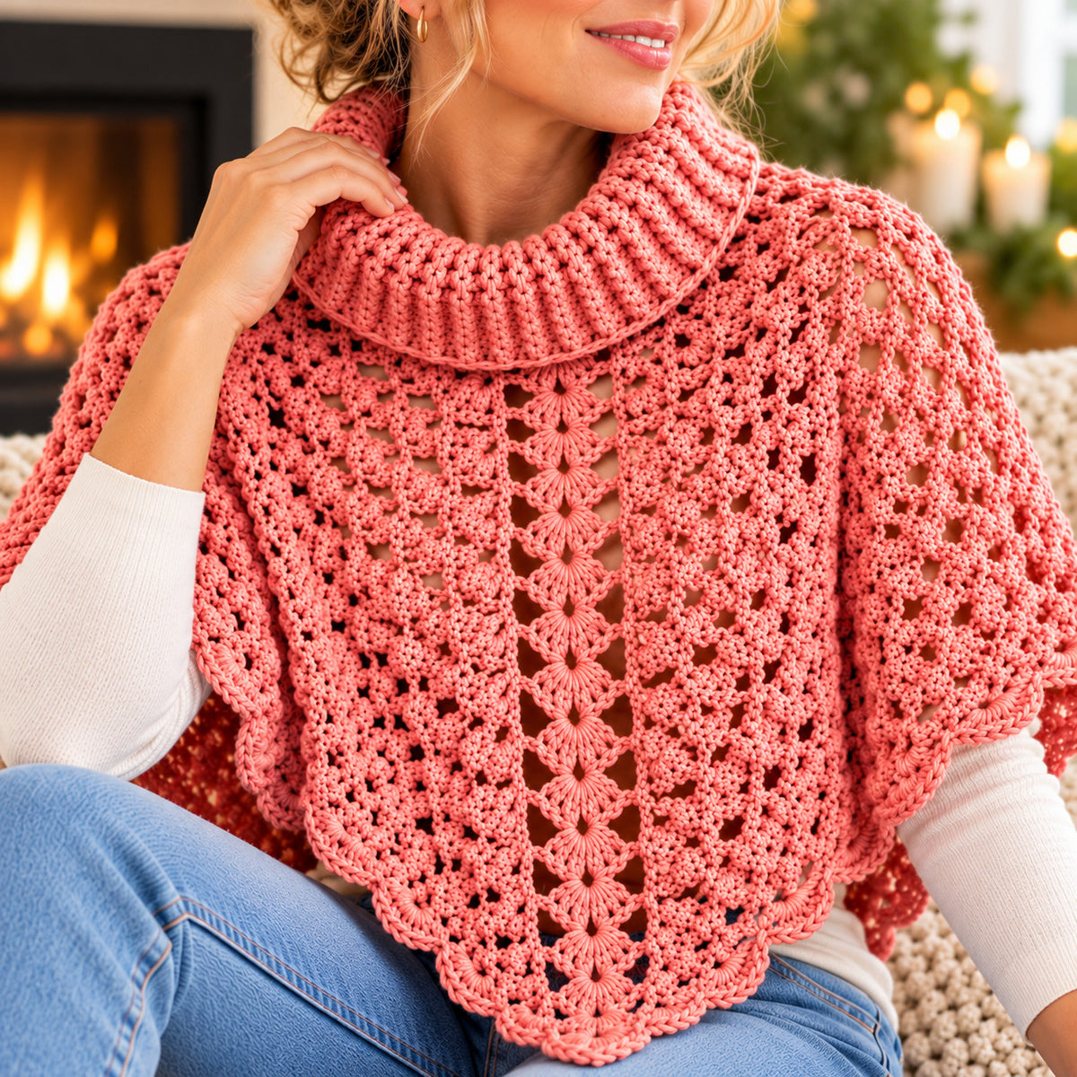 Turtleneck Poncho Crochet Pattern PDF – Cozy Lace Poncho with Pointed Hem