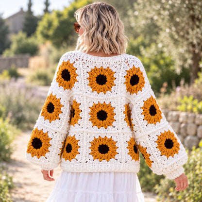 Sunflower Granny Square Cardigan Crochet Pattern PDF – Oversized Floral Jacket
