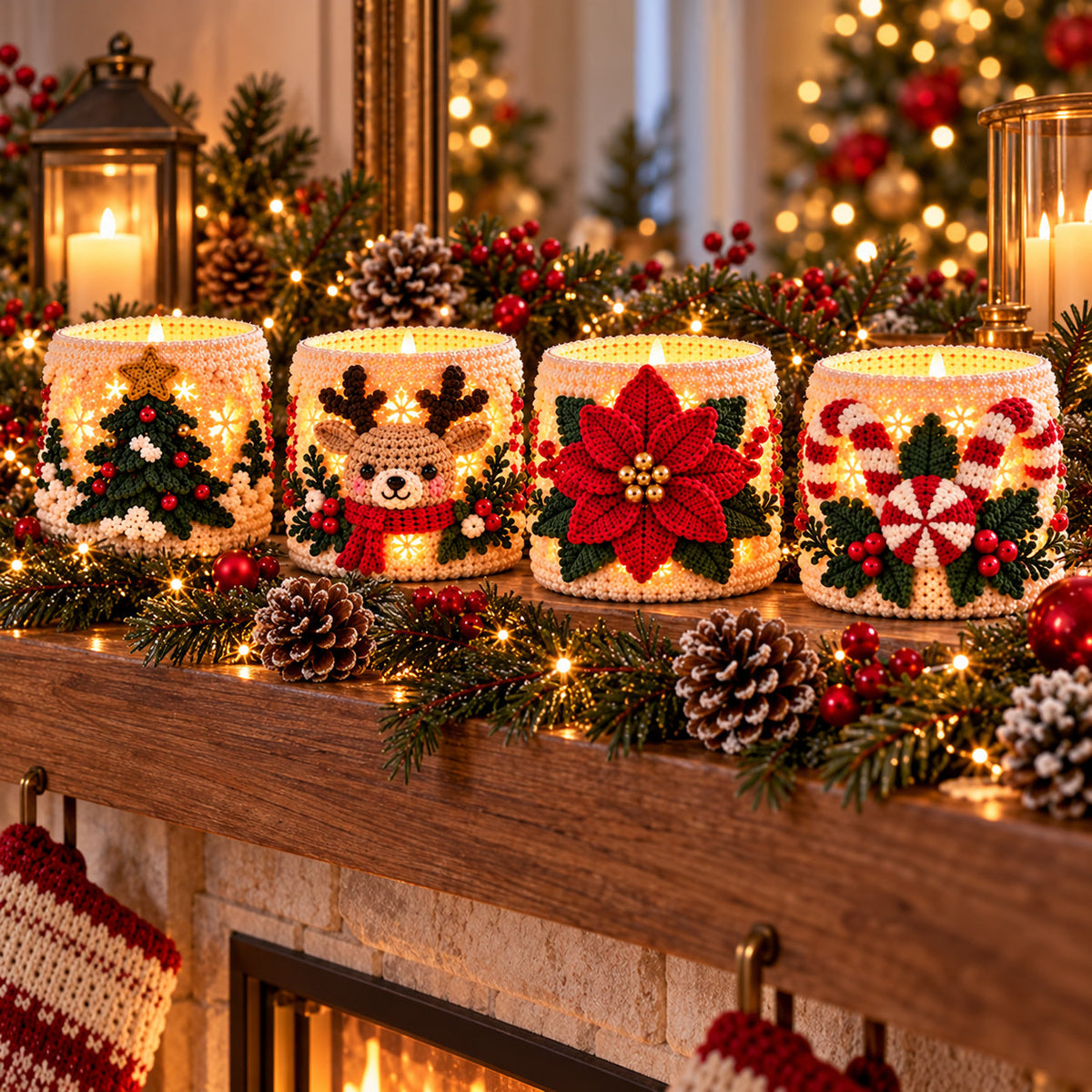 4 Christmas Luminary Crochet Patterns Bundle PDF – Reindeer, Tree, Poinsettia & Peppermint