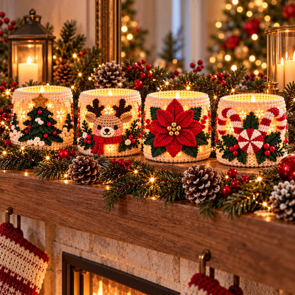 4 Christmas Luminary Crochet Patterns Bundle PDF – Reindeer, Tree, Poinsettia & Peppermint
