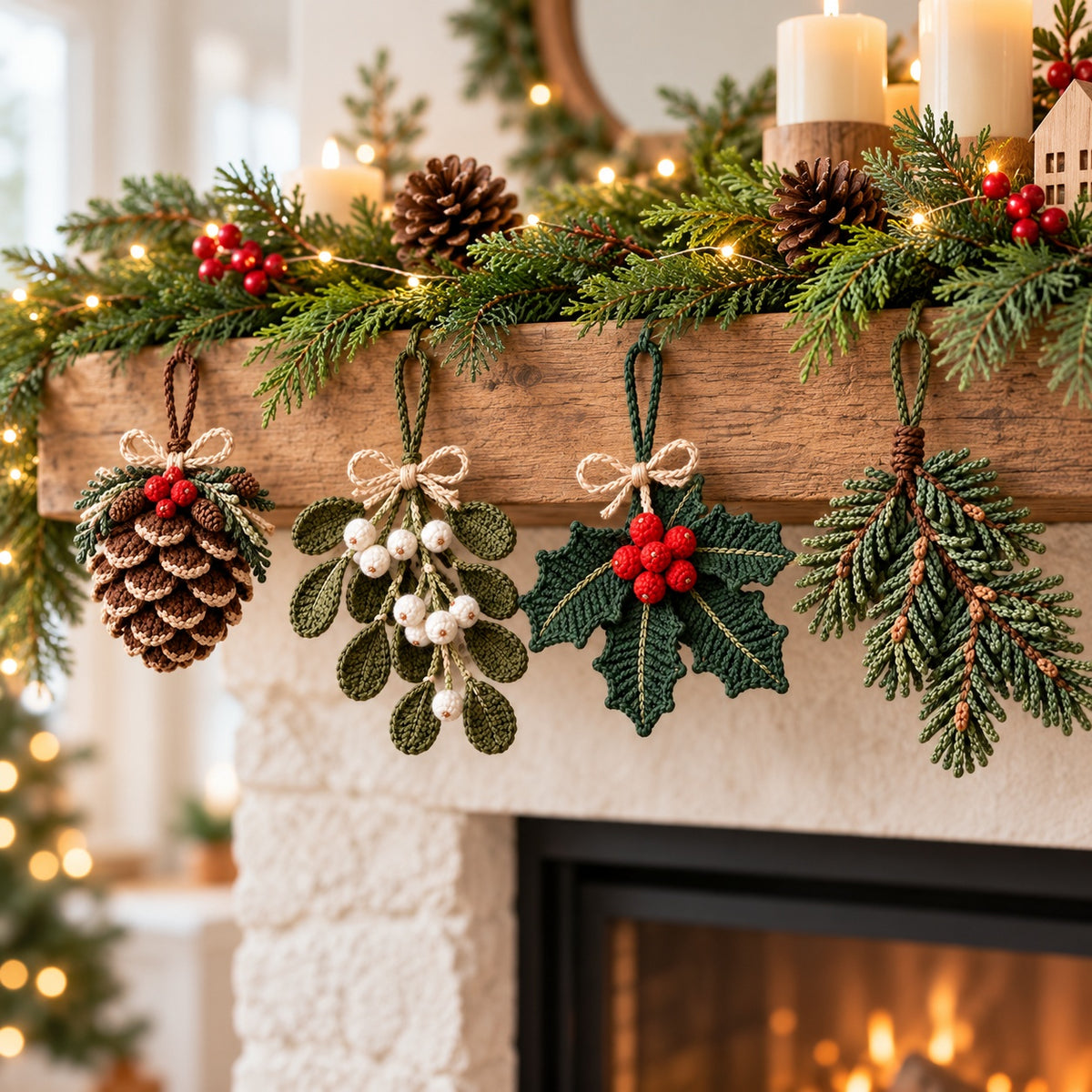 4-in-1 Christmas Botanical Ornament Crochet Pattern Bundle PDF – Pinecone, Spruce, Mistletoe & Holly