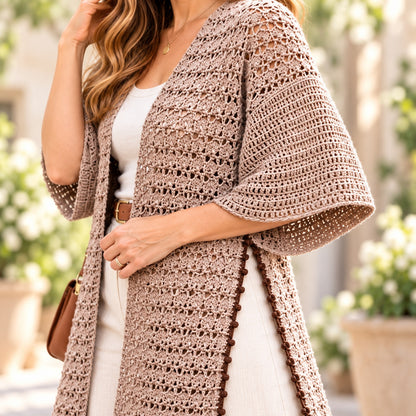 Long Lace Cardigan Crochet Pattern PDF – Open Front Cardigan with Side Slits