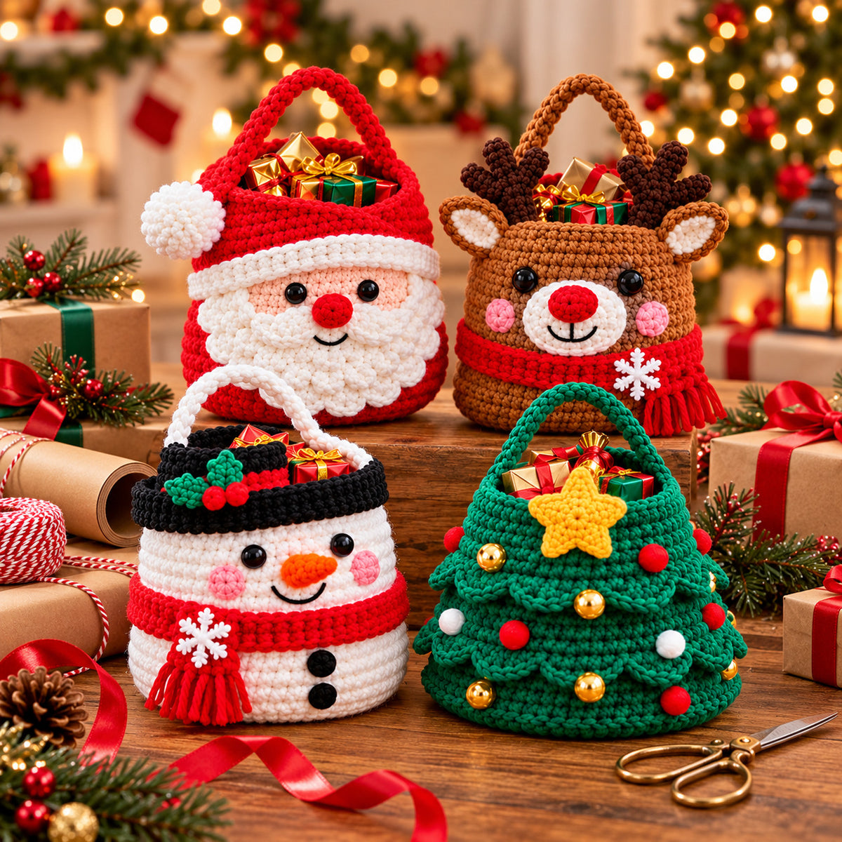 4 Christmas Gift Bag Crochet Patterns Bundle PDF – Santa, Reindeer, Snowman & Tree