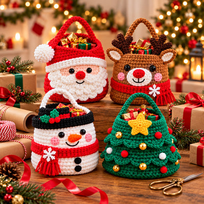 4 Christmas Gift Bag Crochet Patterns Bundle PDF – Santa, Reindeer, Snowman & Tree