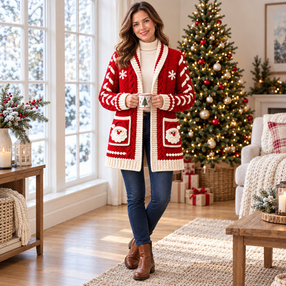 Christmas Santa Cable Cardigan Crochet Pattern PDF – Festive Sweater S–3XL