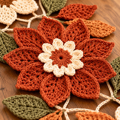 Crochet Table Runner Pattern PDF – Autumn Sunflower-Inspired Floral & Leaf Decor