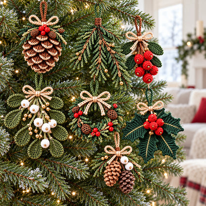 4 Christmas Ornament Crochet Patterns Bundle PDF – Pinecone, Spruce, Mistletoe & Holly