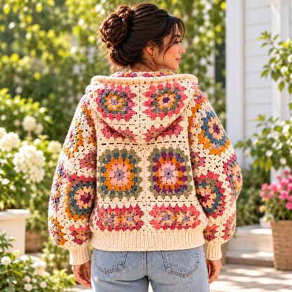 Granny Square Hooded Cardigan Crochet Pattern PDF – Zip Hoodie S–XL