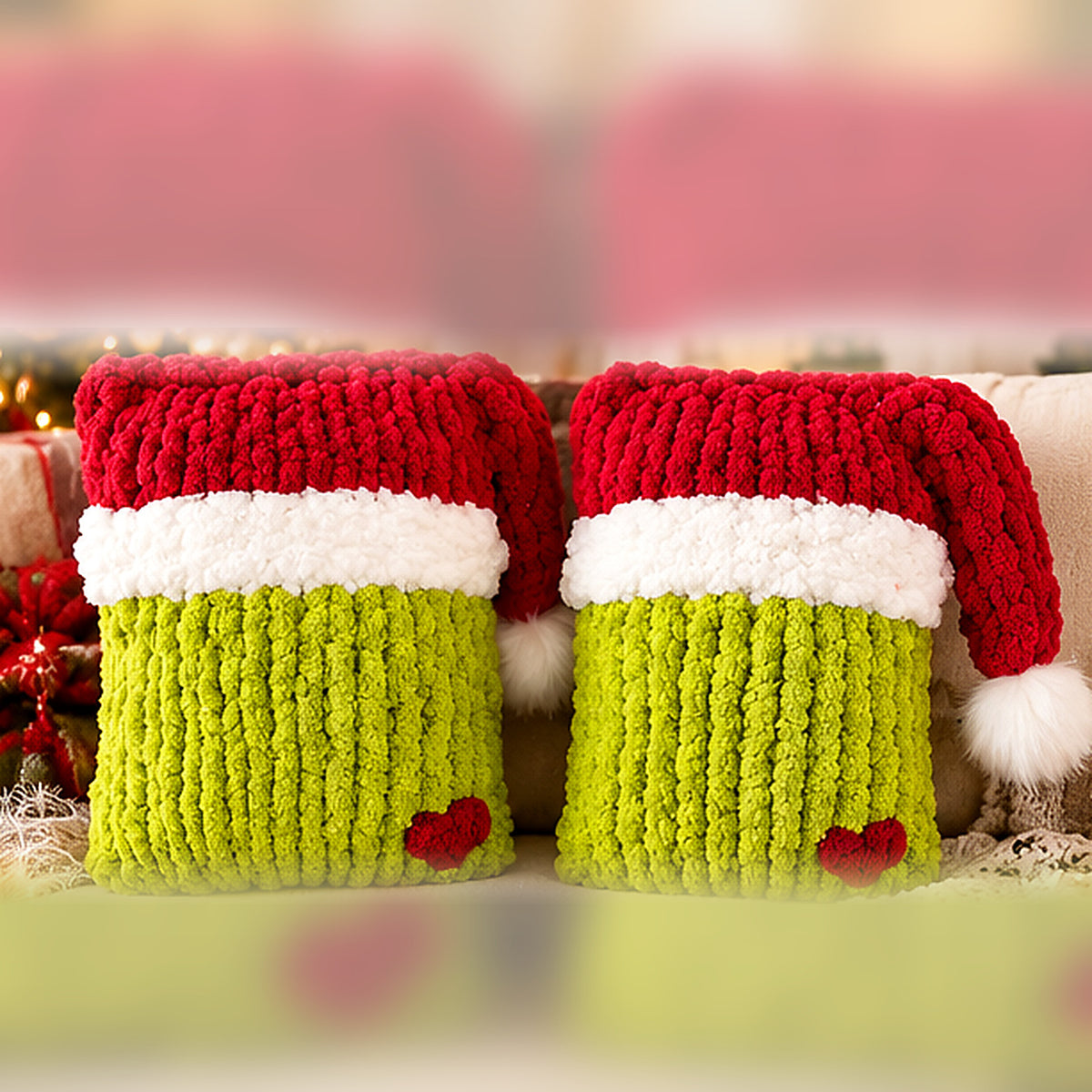 Mischievous Green Santa Pillow Hand Knit Pattern PDF – Chunky Christmas Decor