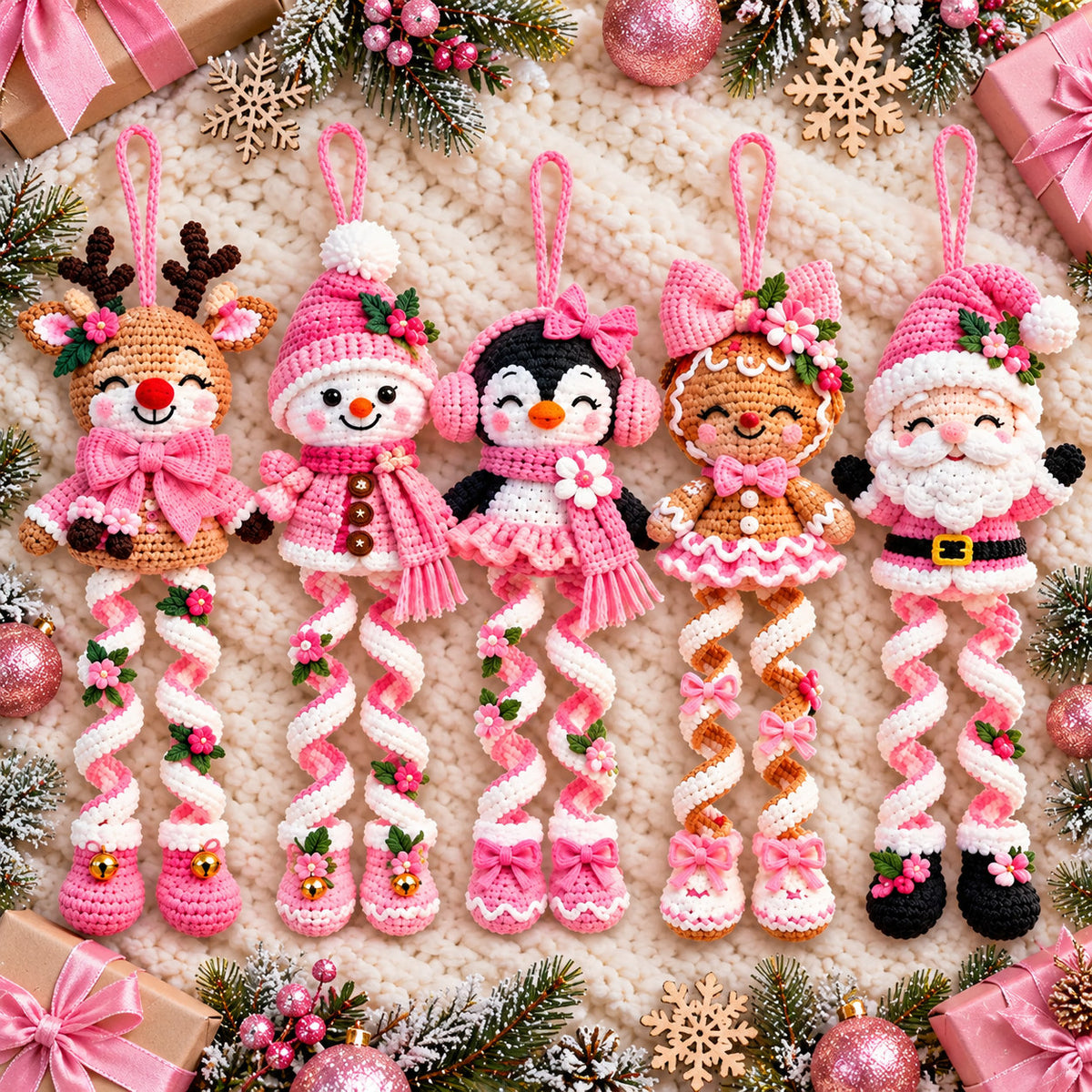 5 Christmas Spiral Ornament Crochet Patterns Bundle PDF – Reindeer, Snowman, Penguin, Gingerbread & Santa