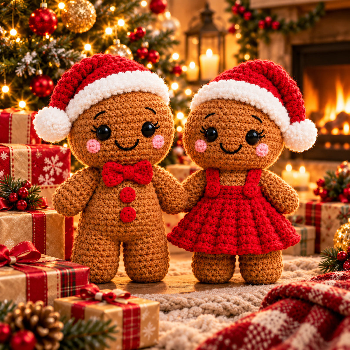 2 Gingerbread Christmas Doll Crochet Patterns PDF – Boy & Girl Santa Hat Couple