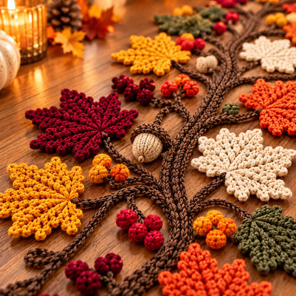 Autumn Tree Table Runner Crochet Pattern PDF – Maple Leaves, Berries & Acorns