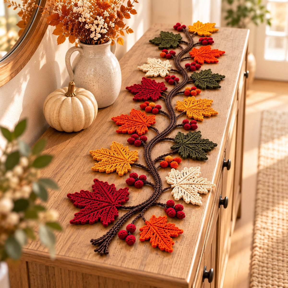 Autumn Maple Leaf Table Runner Crochet Pattern PDF – Fall Vine & Berry Decor