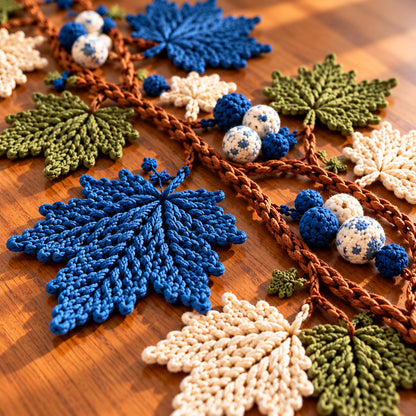 Handmade Crochet Maple Leaf Table Runner – Blue, Olive & Cream Fall Decor