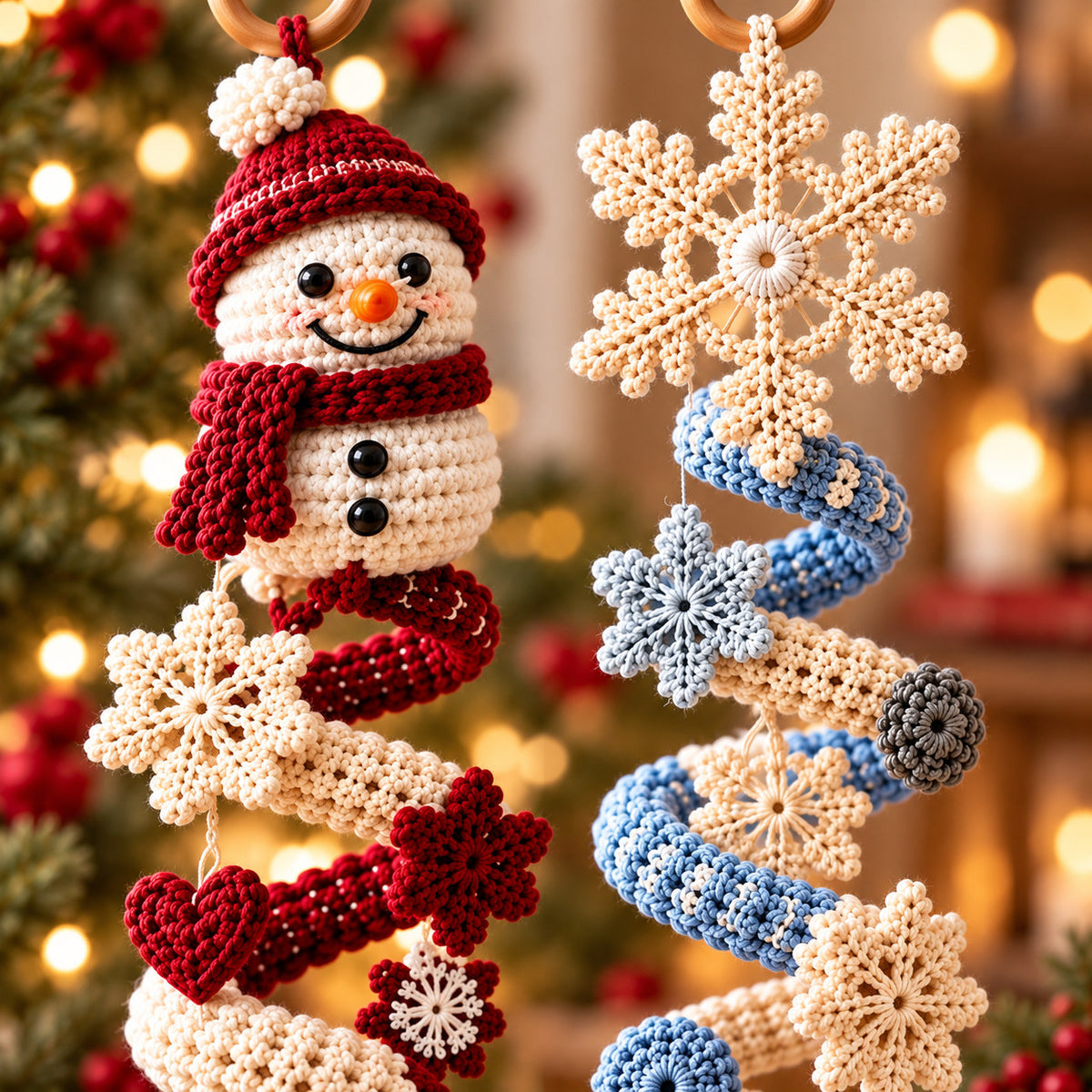 Crochet Winter Snowman Spiral Ornament Pattern PDF – Snowflakes & Bell