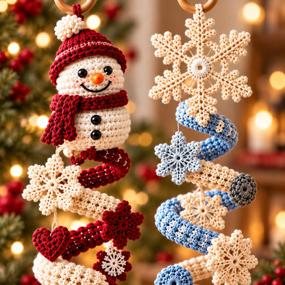 Crochet Winter Snowman Spiral Ornament Pattern PDF – Snowflakes & Bell