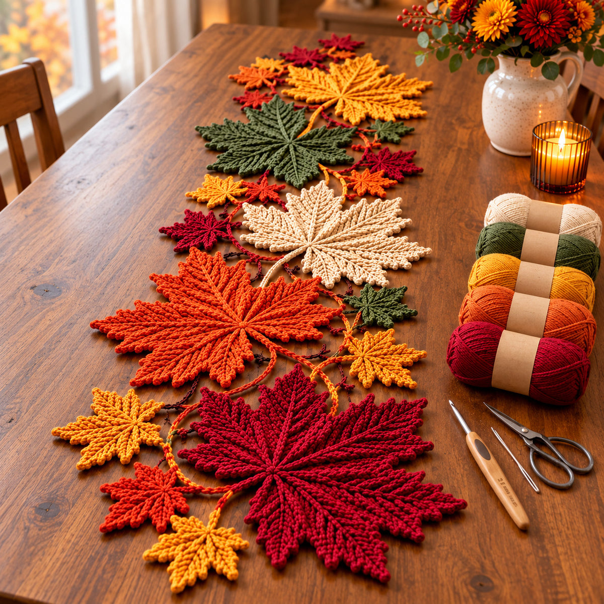 Maple Leaf Crochet Table Runner Pattern PDF – Autumn Botanical Vine Decor