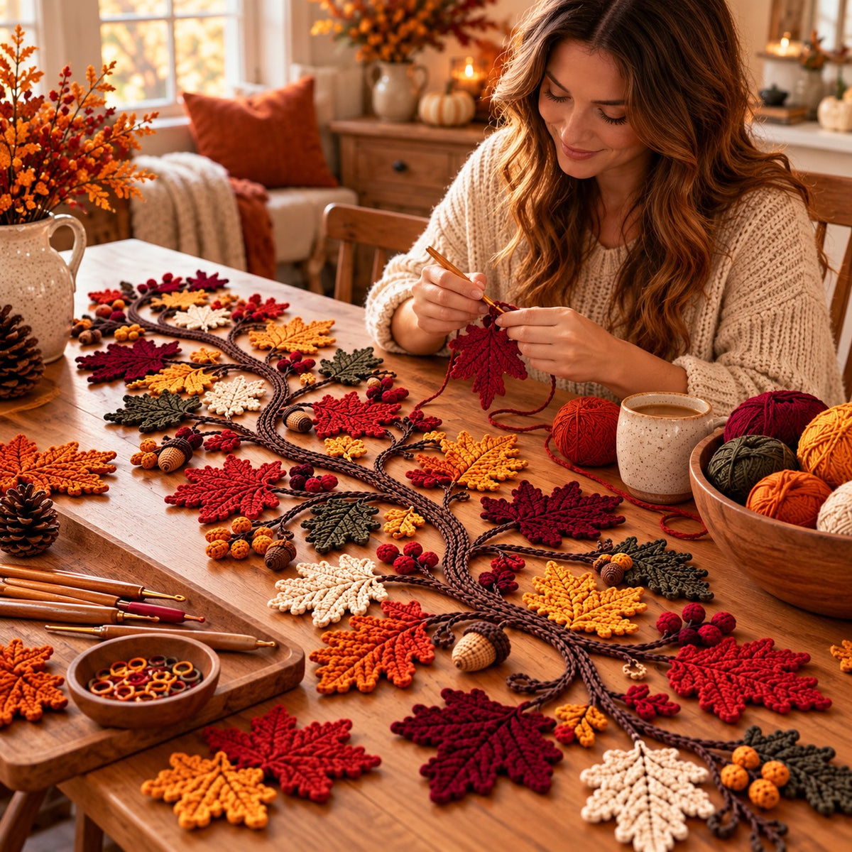Autumn Leaf Crochet Table Runner Pattern PDF – Maple Leaves, Acorns & Vine