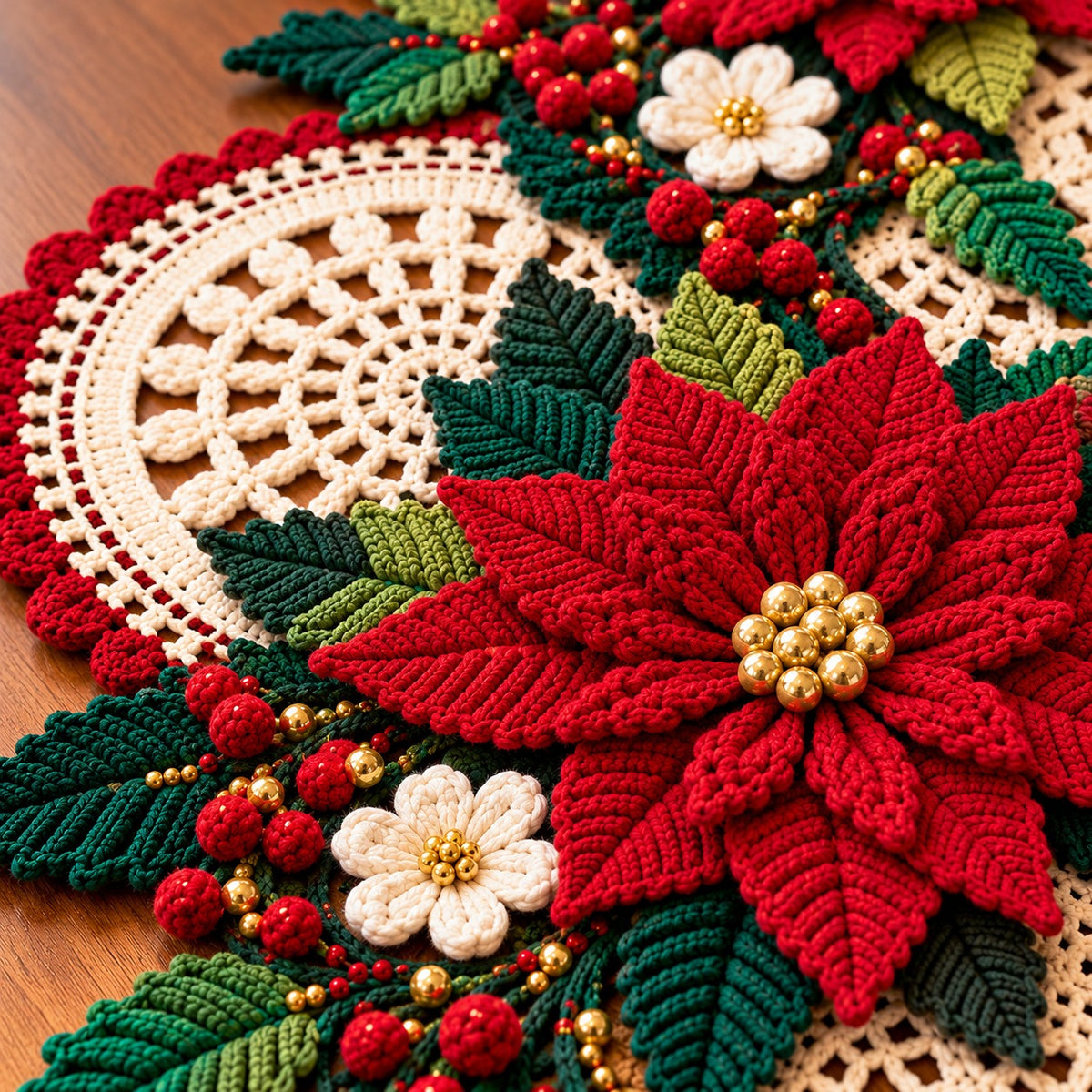 Christmas Poinsettia Table Runner Crochet Pattern PDF – 3D Floral Centerpiece