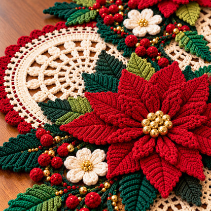 Christmas Poinsettia Table Runner Crochet Pattern PDF – 3D Floral Centerpiece