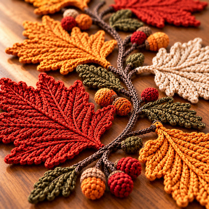 Autumn Maple Leaf Table Runner Crochet Pattern PDF – 6 Coasters Included