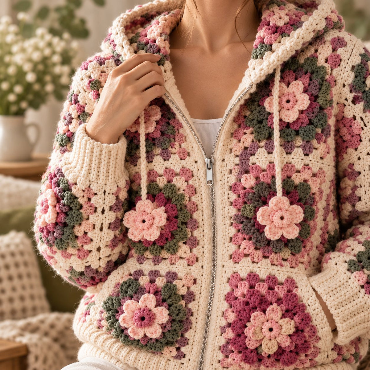3D Flower Granny Square Hoodie Crochet Pattern – Oversized Zip-Up Cardigan PDF