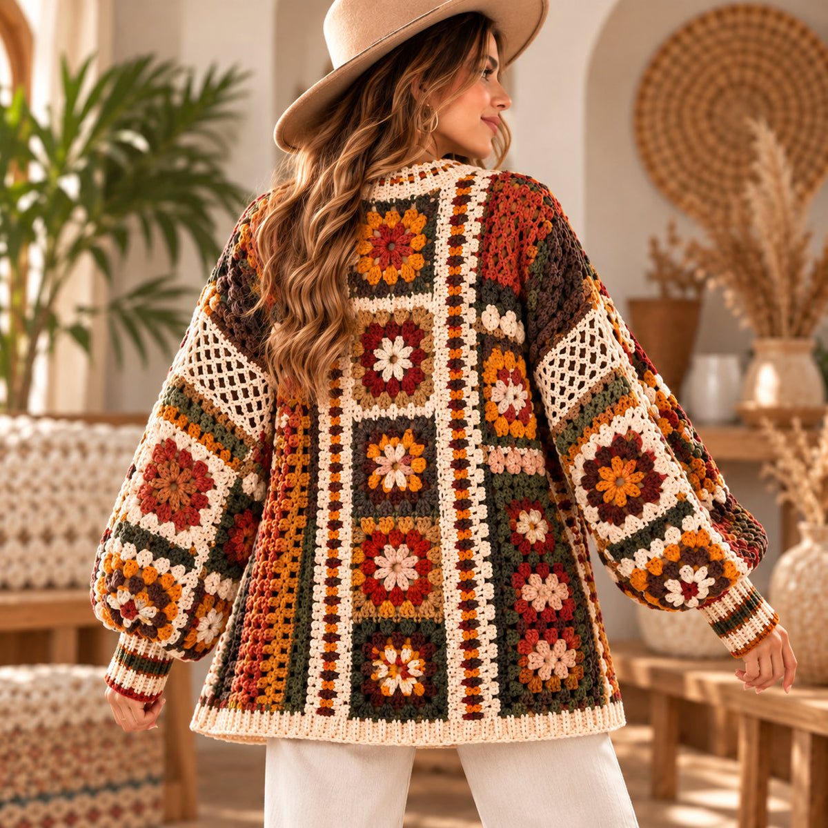 Boho Floral Granny Square Cardigan Crochet Pattern PDF – Lace & Tassel Jacket