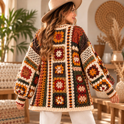 Boho Floral Granny Square Cardigan Crochet Pattern PDF – Lace & Tassel Jacket