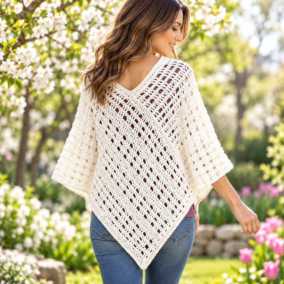 Spring Retreat Poncho Crochet Pattern PDF – Openwork Lightweight S–XL