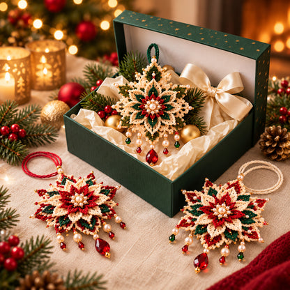 Poinsettia Crochet Ornament Pattern PDF – Set of 3 Beaded Christmas Flowers