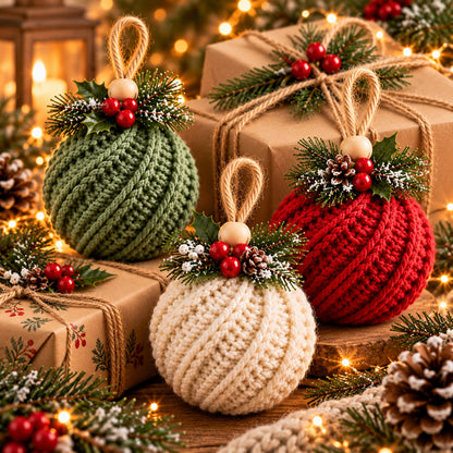 Crochet Christmas Ornament Pattern PDF – Twisted-Rib Bauble, Wooden Bead & Linen Bow