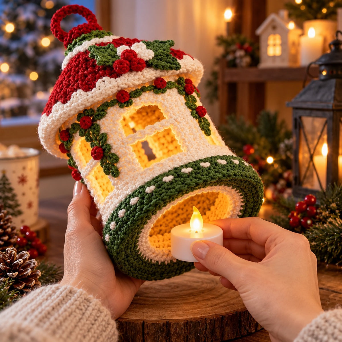 Crochet Christmas Lantern Pattern PDF – 3D Holiday LED Tea Light Holder