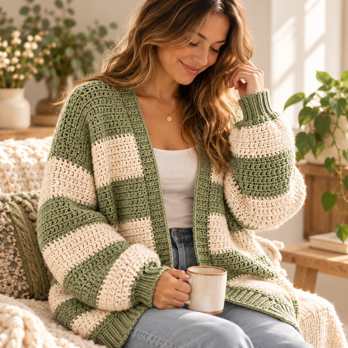 Oversized Chunky Cardigan Crochet Pattern PDF, Beginner Striped Sweater