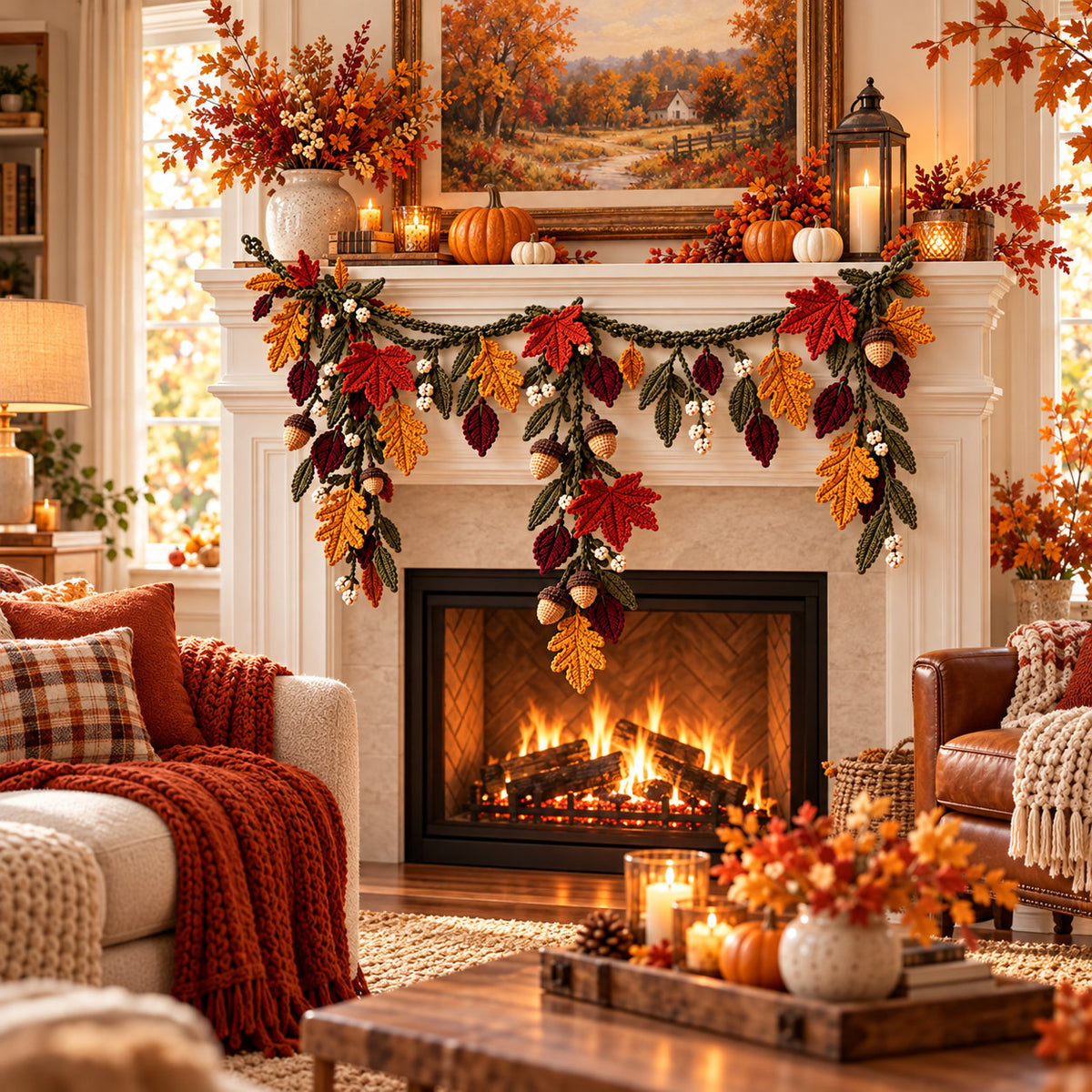 Crochet Fall Garland Pattern PDF – Maple Leaves, Acorns & Autumn Mantel Decor