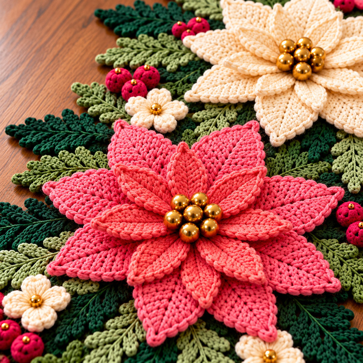 Christmas Poinsettia Table Runner Crochet Pattern PDF – Photo Tutorial