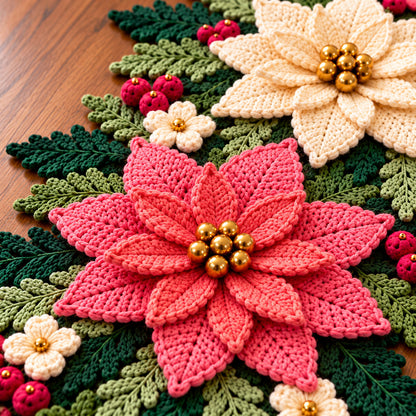 Christmas Poinsettia Table Runner Crochet Pattern PDF – Photo Tutorial