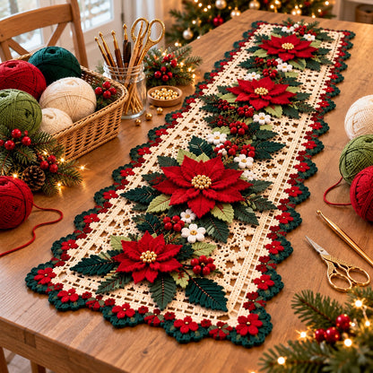 Crochet Poinsettia Table Runner Pattern – Dimensional Christmas Floral PDF