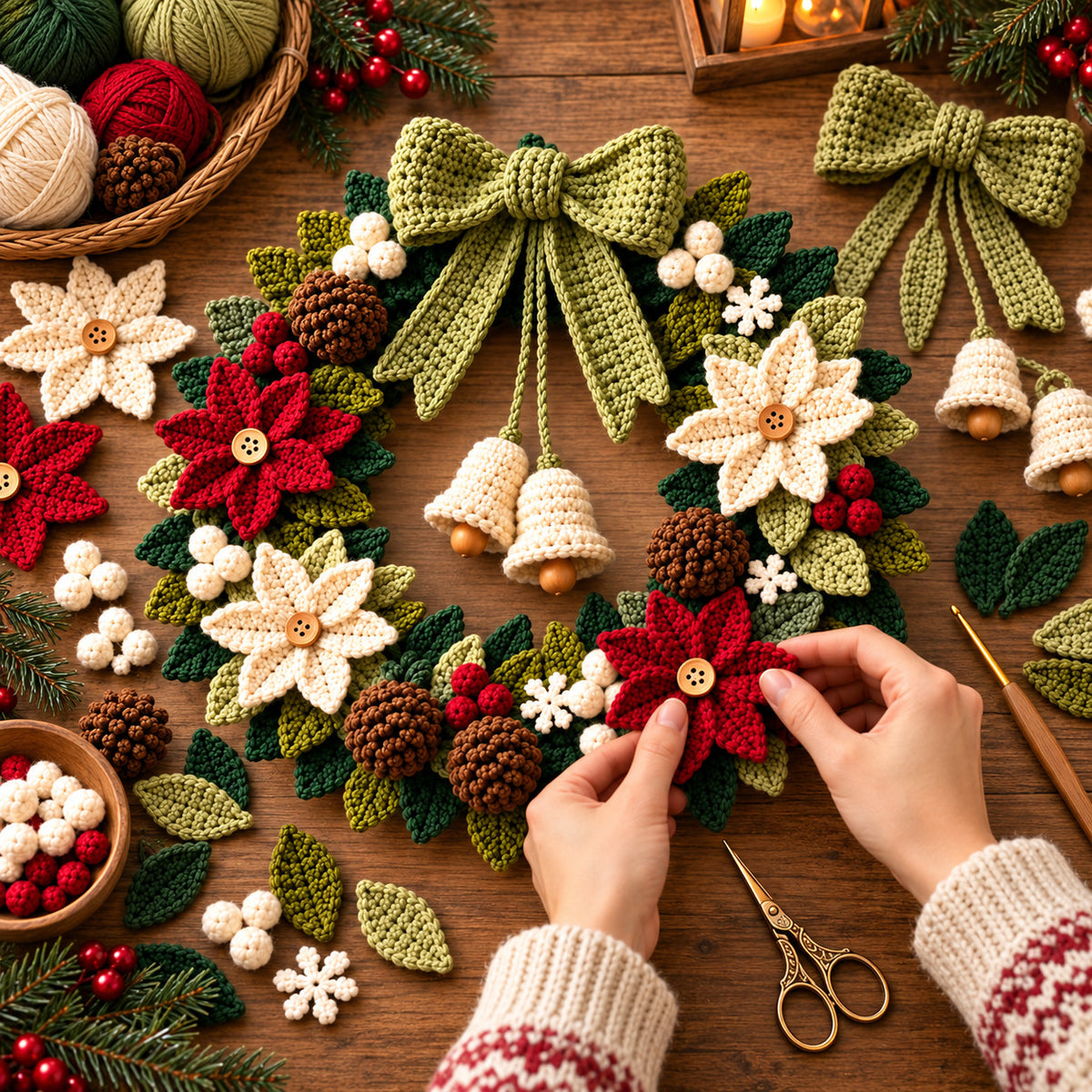 Crochet Christmas Wreath Pattern PDF – Poinsettia Holiday Door Decor