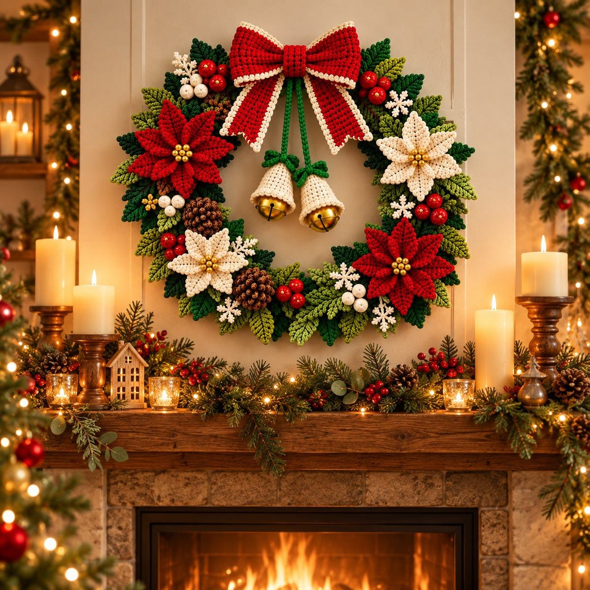 Crochet Christmas Wreath Pattern PDF – Poinsettia, Bow, Bells & Holiday Decor