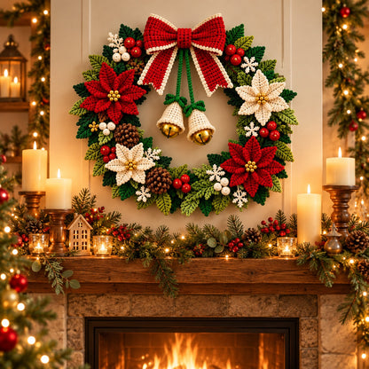 Crochet Christmas Wreath Pattern PDF – Poinsettia, Bow, Bells & Holiday Decor