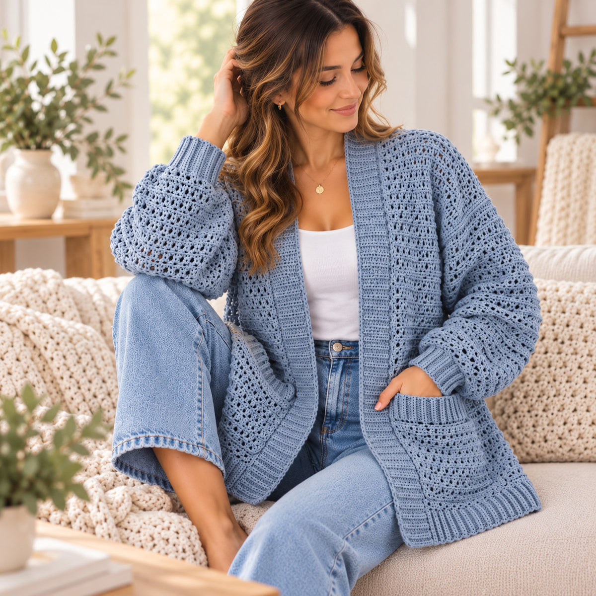 Willow Crochet Cardigan Pattern PDF – Open Front with Pockets, XS–3XL